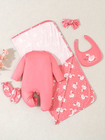 Cartoon Swan Print Romper, Bib, Blanket & Mittens Set