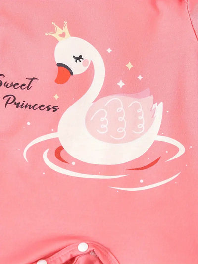 Cartoon Swan Print Romper, Bib, Blanket & Mittens Set