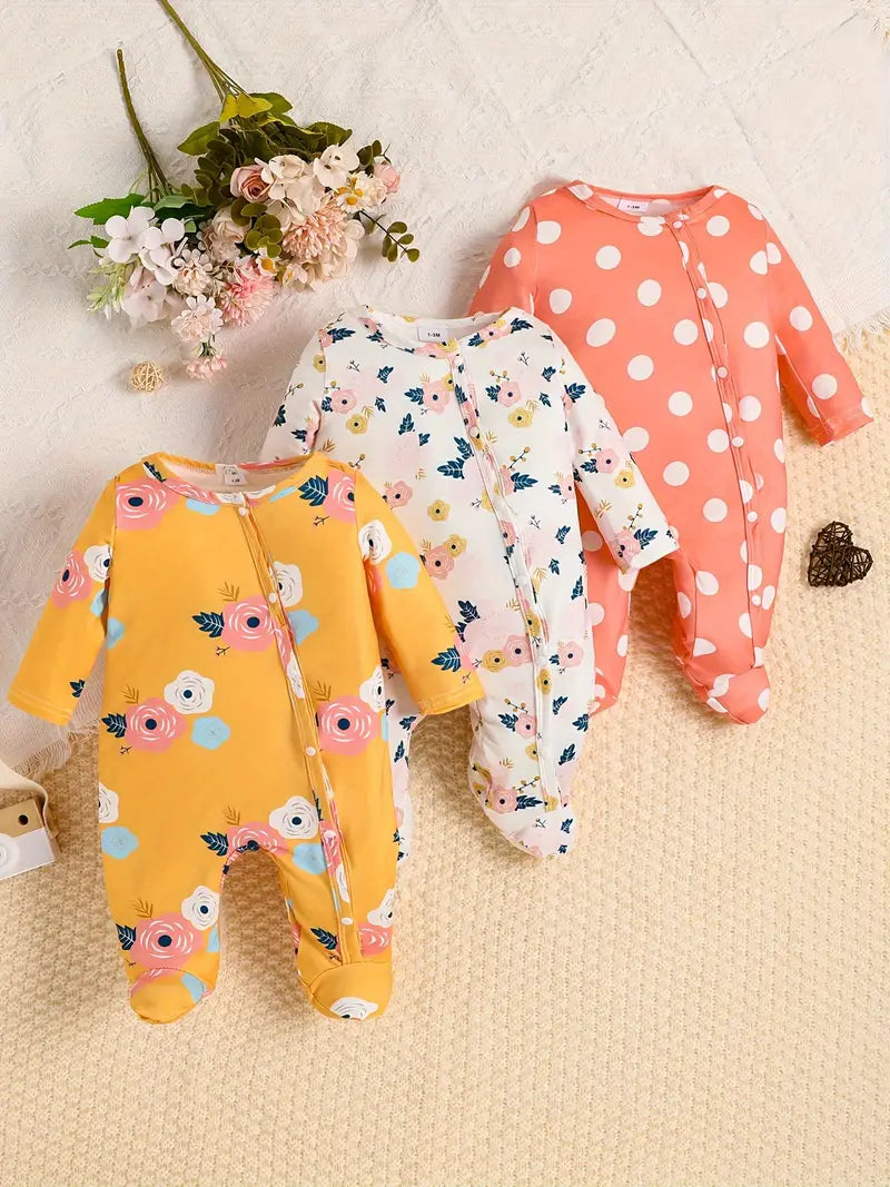 "3pcs Baby Floral Polka Dot Long Sleeve Romper Set"