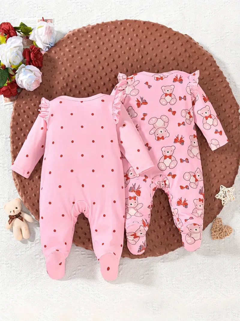 2-Piece Bear Print Baby Bodysuit, Comfy Footed Romper