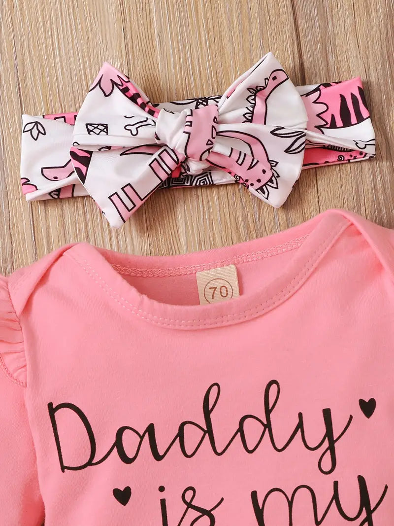 Adorable Baby Girl's Letter Print Onesie & Floral Shorts & Headband Set