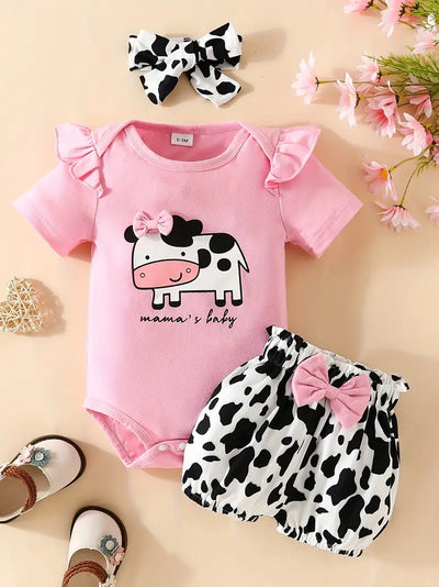 Adorable Baby Girl's Letter Print Onesie & Floral Shorts & Headband Set