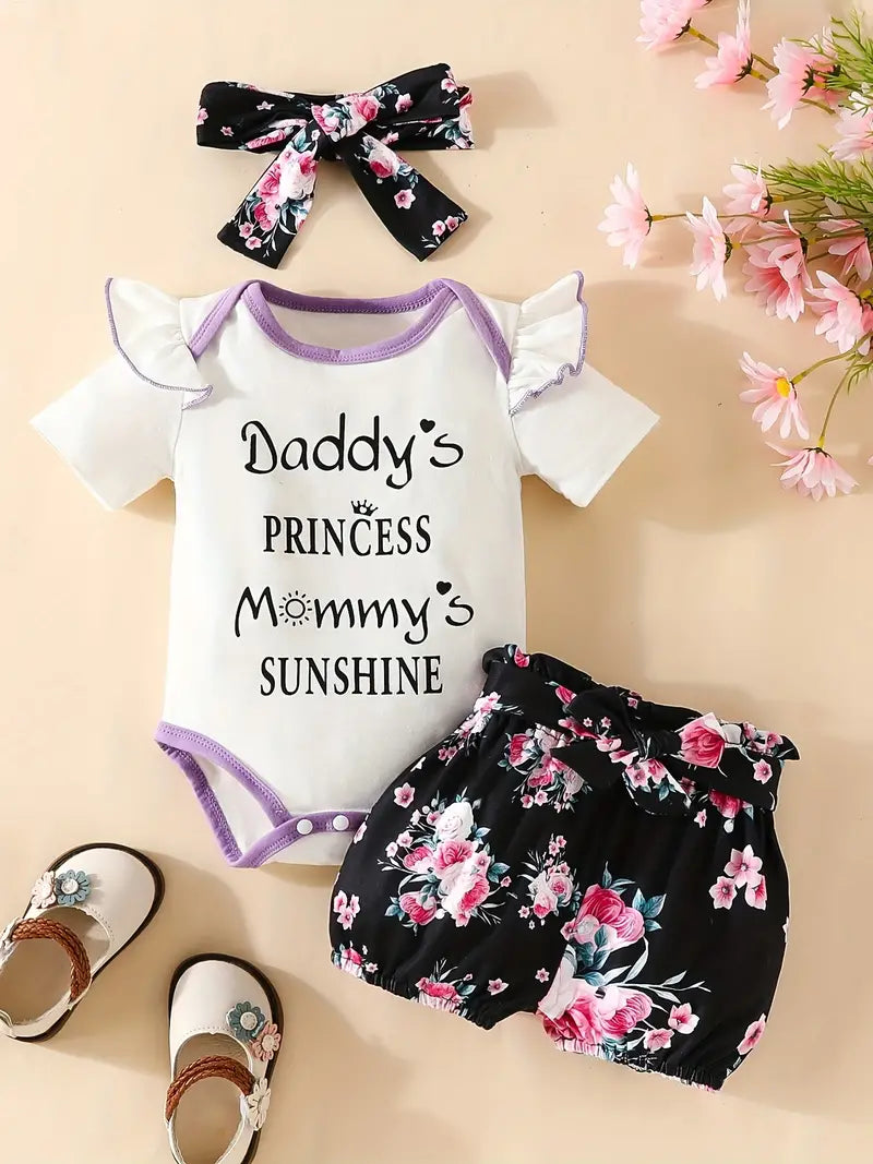 Adorable Baby Girl's Letter Print Onesie & Floral Shorts & Headband Set