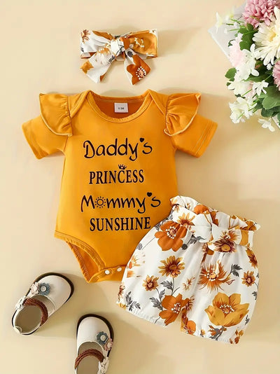 Adorable Baby Girl's Letter Print Onesie & Floral Shorts & Headband Set