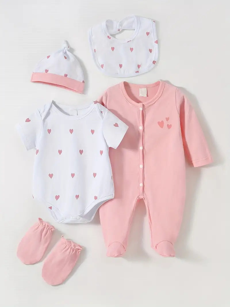 "Newborn Heart Print Footie, Bodysuit, Hat, Bib & Mittens"