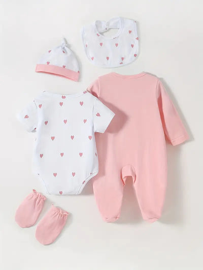 "Newborn Heart Print Footie, Bodysuit, Hat, Bib & Mittens"