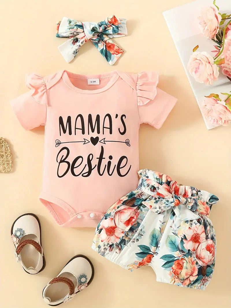 Adorable Baby Girl's Letter Print Onesie & Floral Shorts & Headband Set