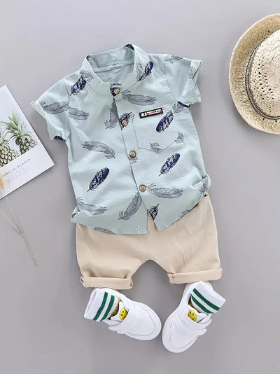 Trendy Baby Boys Feather Pattern Shirt & Shorts Set