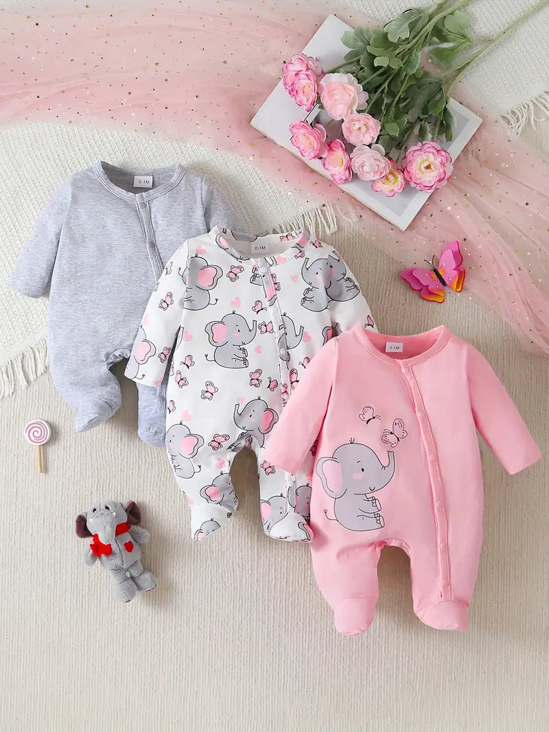 3-Piece Elephant Print Zipper Footie & Romper Set