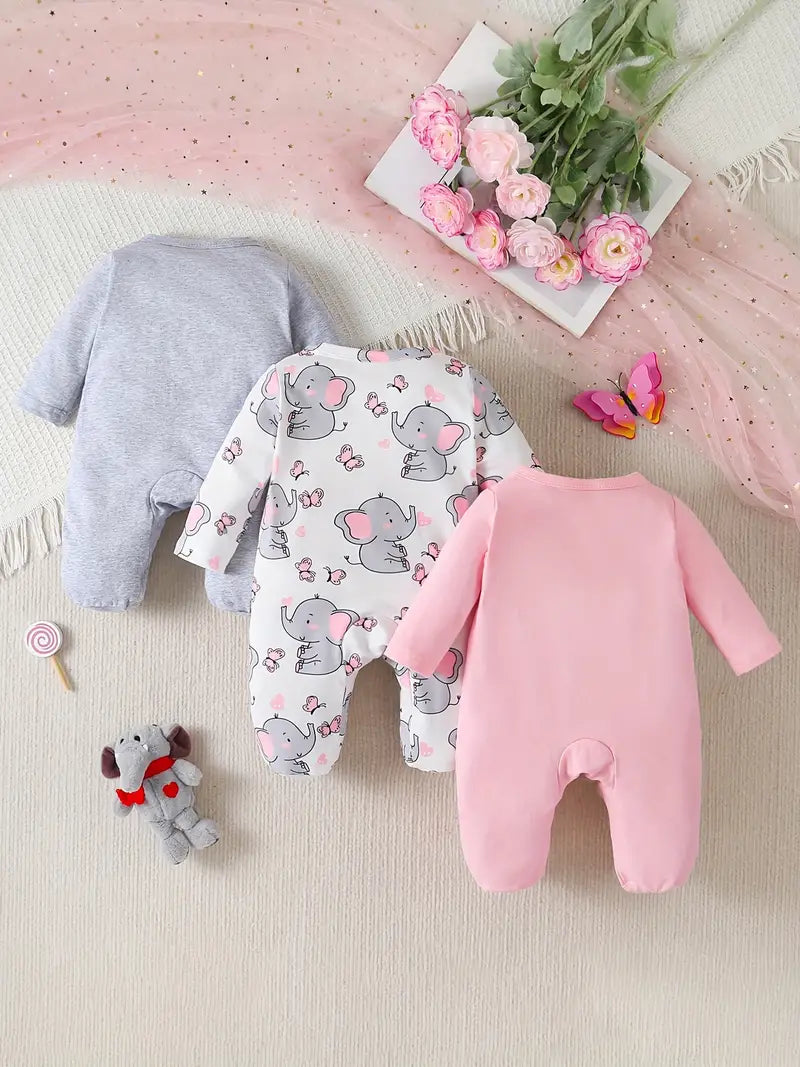 3-Piece Elephant Print Zipper Footie & Romper Set