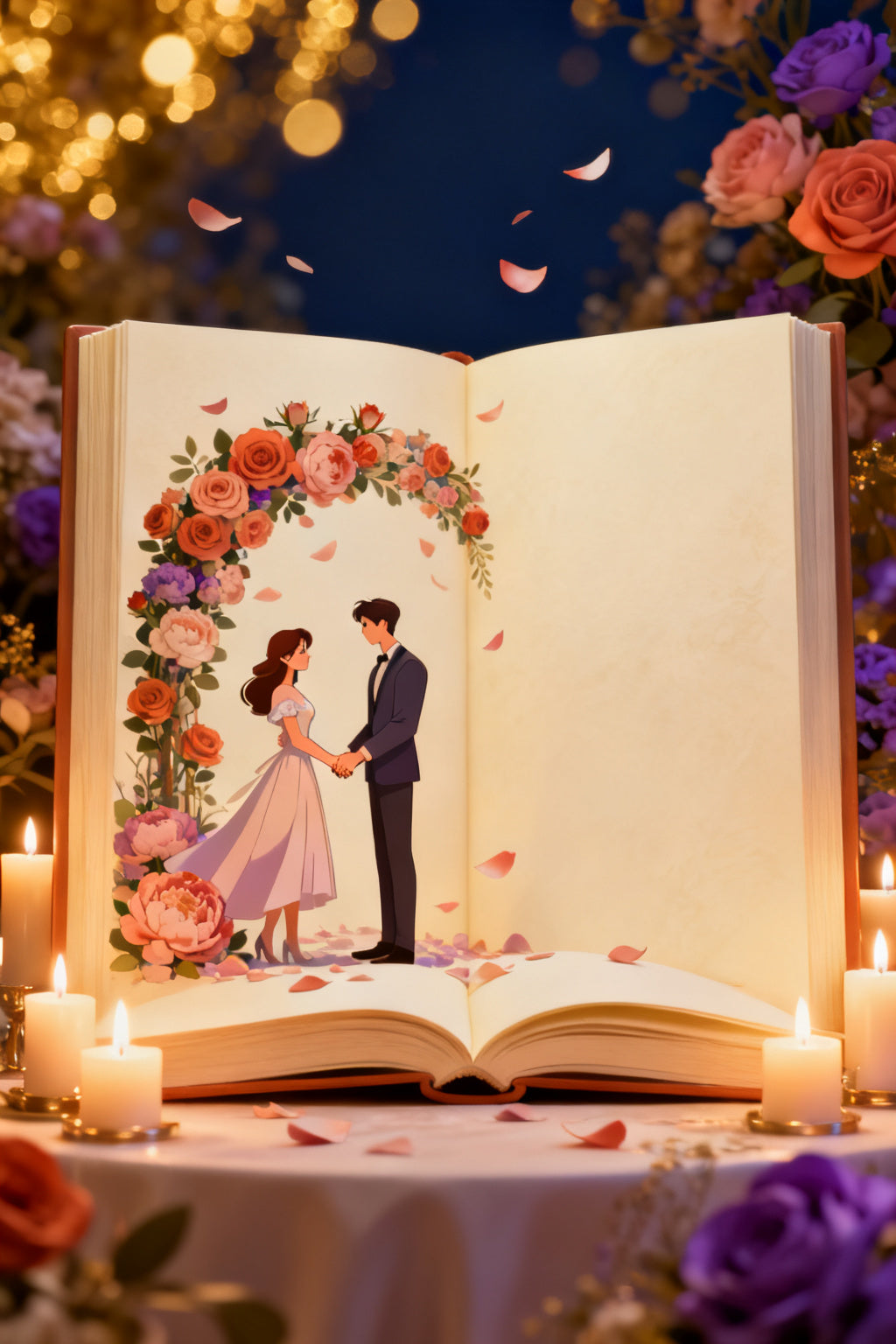 Visuel produit — Histoire de couple : livre illustré, couple stylisé sous une arche florale