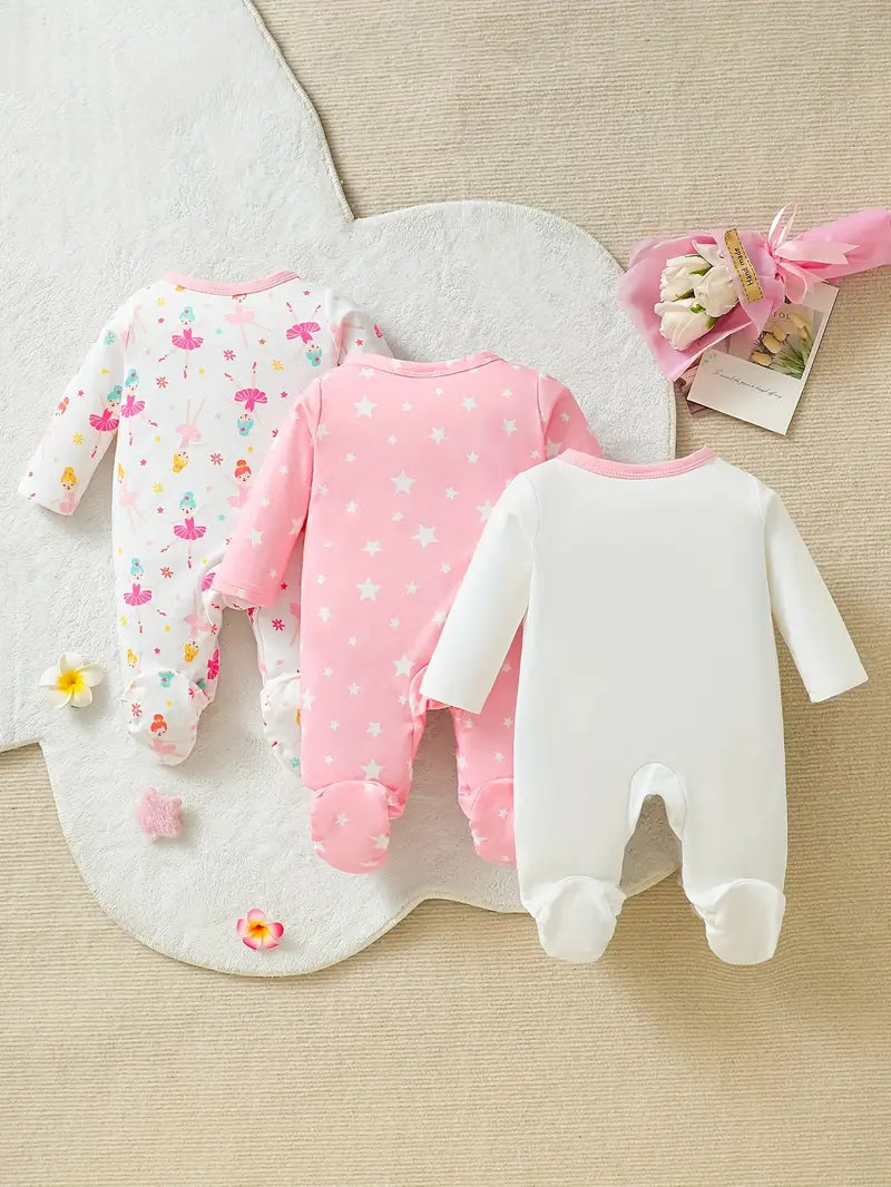 3pcs Newborn Cartoon Pattern Footed Romper Set