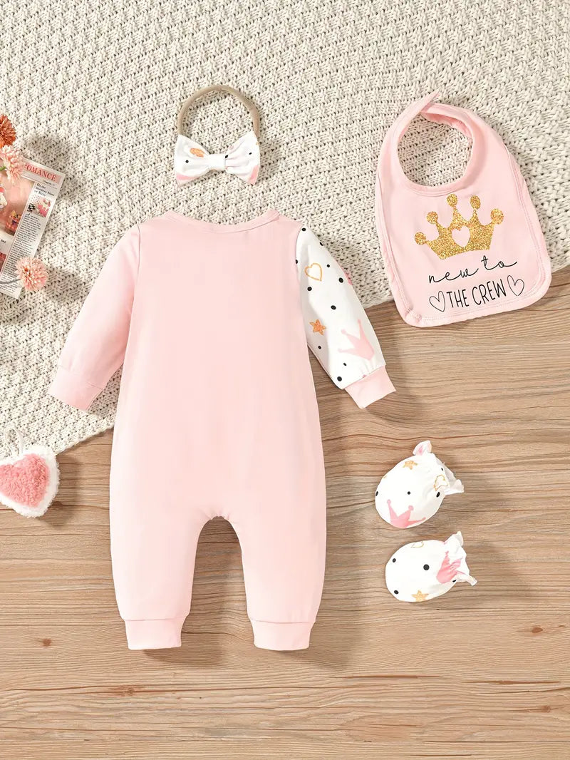 Princess Print Romper with Bow, Bib & Mittens