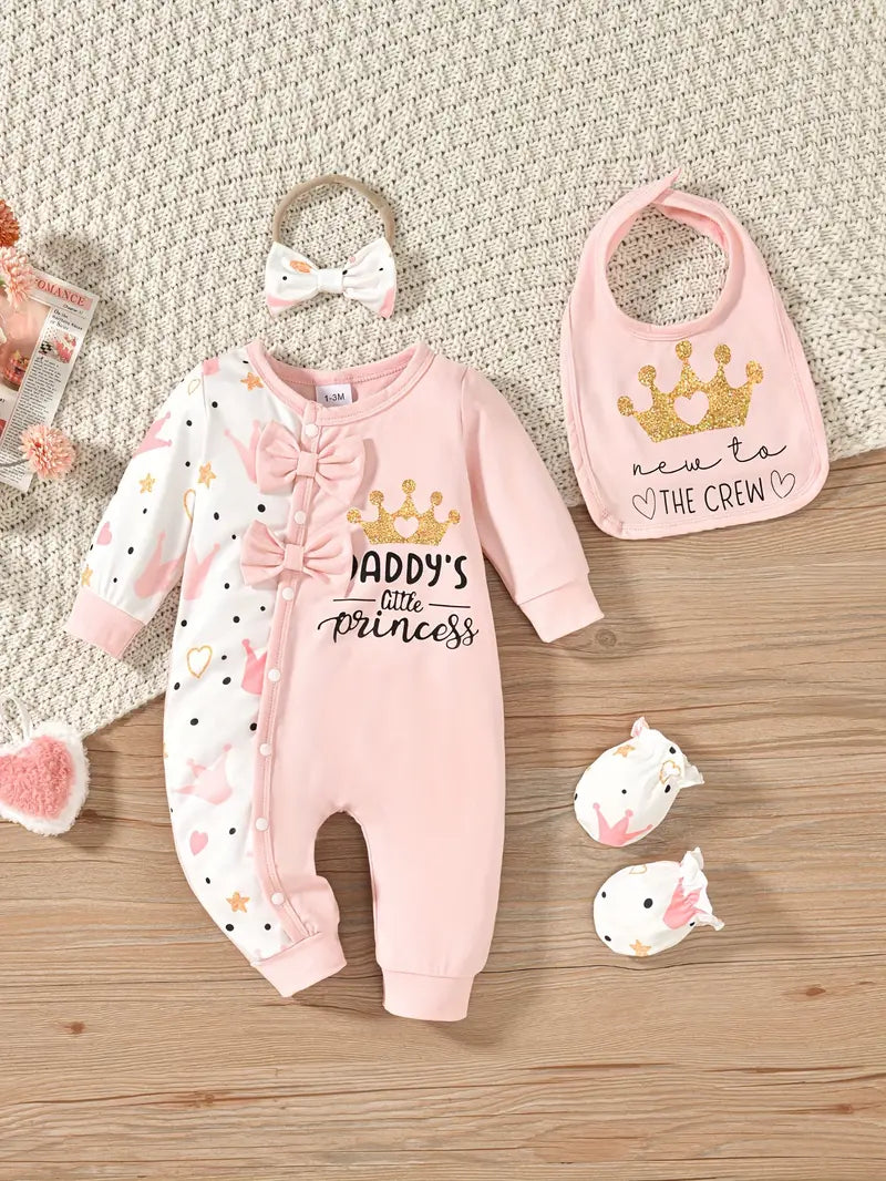 Princess Print Romper with Bow, Bib & Mittens