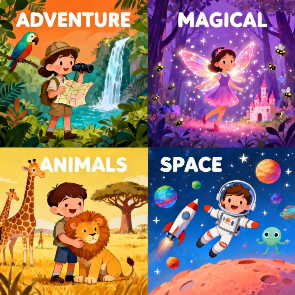 Quatre univers au choix : aventure, magique, animaux, espace