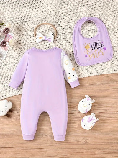 Princess Print Romper with Bow, Bib & Mittens