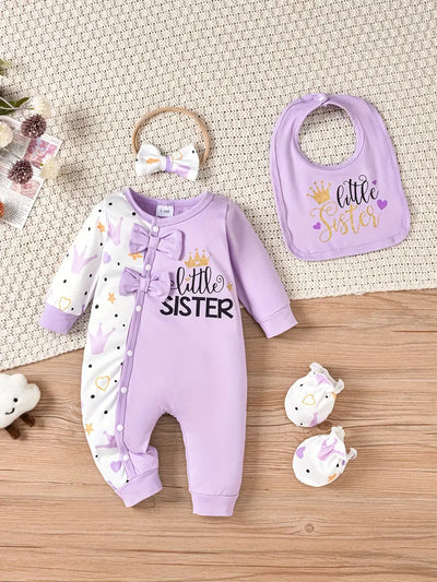 Princess Print Romper with Bow, Bib & Mittens